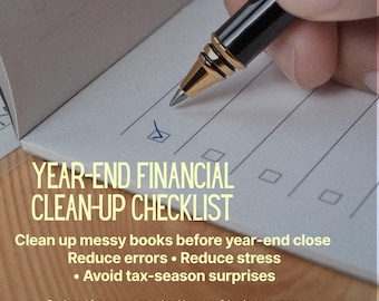 May include: A close-up of a checklist with the text "Year-End Financial Clean-Up Checklist." A hand holding a pen is marking a box. The checklist aims to help accountants, bookkeepers, and business owners.