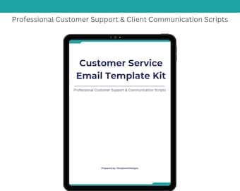 May include: A digital tablet displays a "Customer Service Email Template Kit" with the text "Professional Customer Support & Client Communication Scripts." The tablet is black with a white background and teal accents. The bottom of the image shows "TemploomDesigns."