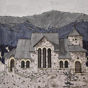 May include: An ink and marker illustration of a stone building with a slate roof, arched windows, and a small tower. The building is set against a backdrop of mountains and a cloudy sky. The artwork is signed "Royce".