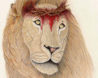 Lion of Judah Art Print, Crown of Thorns Christian Drawing, Religious Wall Decor Gift