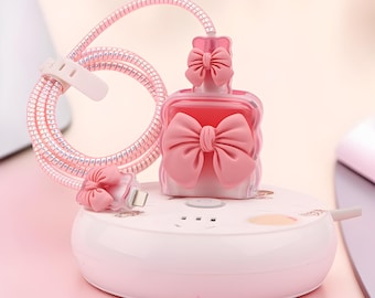 Kawaii Bow Charger Cover & Cable Protector Set – 20W Adapter TPU Shield, Cord Bites, Winder