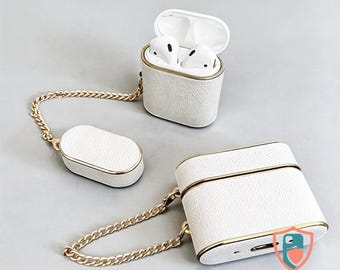 Leather AirPods Case | Metal Accent, TPU Protective Cover with Wrist Strap