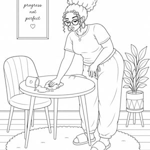 Cozy home cleaning coloring page featuring mindful daily routine self care lifestyle and calm productivity vibes. Part of a 35 page adult coloring book designed for stress relief focus and creative escape. Includes 2 PDF files US Letter size easy to print at home. Perfect for cozy routines slow living and relaxing moments. Instant download after purchase thank you for your support please leave a review 💛