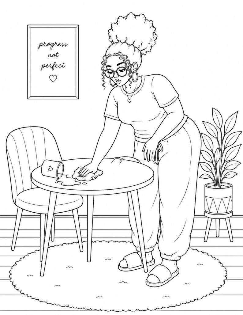 Cozy home cleaning coloring page featuring mindful daily routine self care lifestyle and calm productivity vibes. Part of a 35 page adult coloring book designed for stress relief focus and creative escape. Includes 2 PDF files US Letter size easy to print at home. Perfect for cozy routines slow living and relaxing moments. Instant download after purchase thank you for your support please leave a review 💛