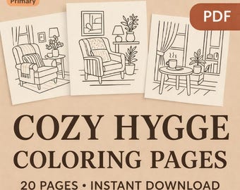 ヒュッゲな塗り絵 - 居心地の良い家の塗り絵、リラックスできる線画、印刷可能なPDF A4