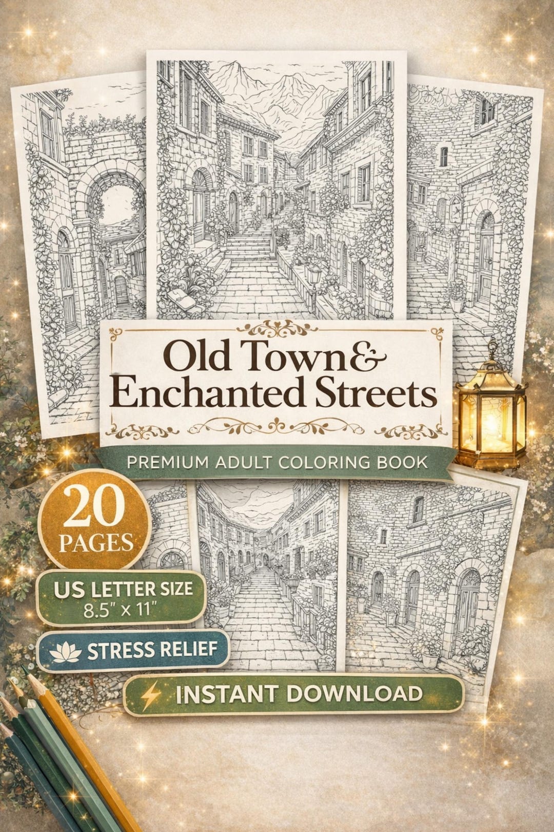 Adult Coloring Book | Old Towns & Streets Intricate Line Art (US Letter ...