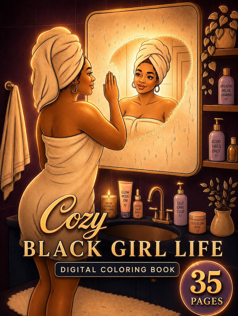 Cozy Black Girl Life coloring book with 35 detailed pages designed for adults who love self care and relaxing moments. Includes 2 PDF files in US Letter size easy to print at home. Features cozy daily life scenes beauty routines home vibes and confidence inspired illustrations. Perfect for stress relief mindfulness and creative time. Instant access after purchase. Thank you for your support please consider leaving a review 💛