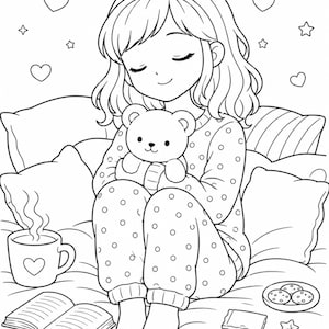 Kids coloring book page featuring a girl sitting on a bed holding a teddy bear, surrounded by cozy elements like pillows, mug, book, and snacks, with hearts and stars around. Clean black and white line art, simple and easy coloring page for kids ages 4–9. Cozy home theme supports creativity, relaxation, and fine motor skills. Perfect for home, school, or quiet time. Printable digital download in US Letter size, fun and engaging activity for young children.