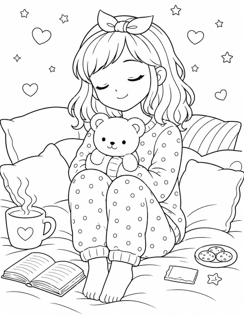 Kids coloring book page featuring a girl sitting on a bed holding a teddy bear, surrounded by cozy elements like pillows, mug, book, and snacks, with hearts and stars around. Clean black and white line art, simple and easy coloring page for kids ages 4–9. Cozy home theme supports creativity, relaxation, and fine motor skills. Perfect for home, school, or quiet time. Printable digital download in US Letter size, fun and engaging activity for young children.