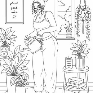 Cozy plant care coloring page featuring relaxing home lifestyle greenery self care and mindful routine vibes. Part of a 35 page adult coloring book designed for stress relief calm focus and creative escape. Includes 2 PDF files US Letter size easy to print at home. Perfect for cozy moments plant lovers and slow living routines. Instant download after purchase thank you for your support please leave a review 💛
