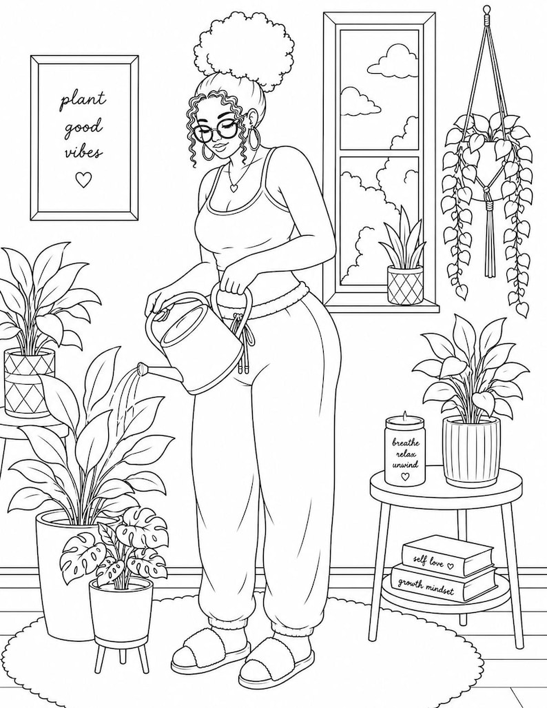Cozy plant care coloring page featuring relaxing home lifestyle greenery self care and mindful routine vibes. Part of a 35 page adult coloring book designed for stress relief calm focus and creative escape. Includes 2 PDF files US Letter size easy to print at home. Perfect for cozy moments plant lovers and slow living routines. Instant download after purchase thank you for your support please leave a review 💛