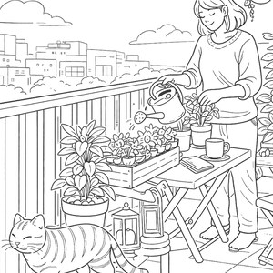 cozy balcony coloring page, girl watering plants coloring page, cat on balcony coloring book, cozy home gardening scene, relaxing adult coloring page, plant lover coloring page, cozy outdoor balcony scene, cute cat illustration coloring, stress relief coloring page, mindfulness coloring book page, cozy lifestyle illustration, aesthetic home coloring page, urban balcony garden coloring, printable coloring page PDF, relaxing hobby coloring page, cozy cat life coloring page