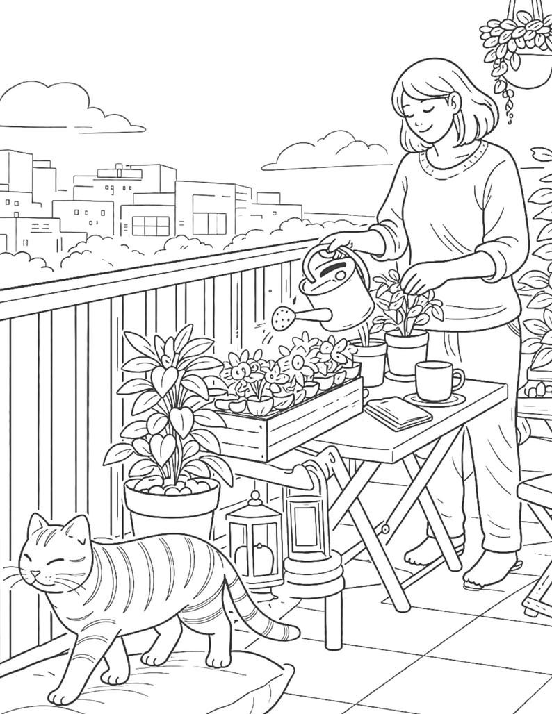 cozy balcony coloring page, girl watering plants coloring page, cat on balcony coloring book, cozy home gardening scene, relaxing adult coloring page, plant lover coloring page, cozy outdoor balcony scene, cute cat illustration coloring, stress relief coloring page, mindfulness coloring book page, cozy lifestyle illustration, aesthetic home coloring page, urban balcony garden coloring, printable coloring page PDF, relaxing hobby coloring page, cozy cat life coloring page