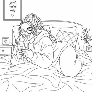 Cozy bed scrolling coloring page featuring relaxing night routine self care comfort and calm lifestyle vibes. Part of a 35 page adult coloring book created for stress relief mindfulness and creative escape. Includes 2 PDF files US Letter size easy to print at home. Perfect for cozy evenings phone time and unwind moments. Instant download after purchase thank you for your support please leave a review 💛
