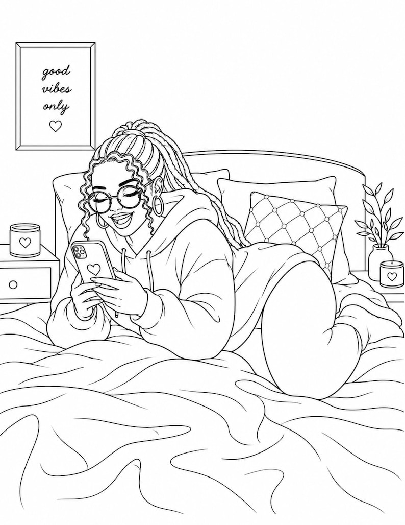Cozy bed scrolling coloring page featuring relaxing night routine self care comfort and calm lifestyle vibes. Part of a 35 page adult coloring book created for stress relief mindfulness and creative escape. Includes 2 PDF files US Letter size easy to print at home. Perfect for cozy evenings phone time and unwind moments. Instant download after purchase thank you for your support please leave a review 💛