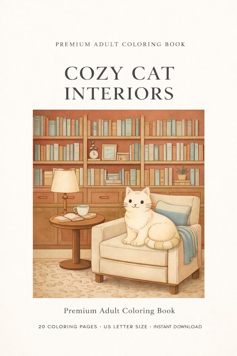 cozy cat interiors coloring book for adults printable pdf, aesthetic home scenes with cats, 20 detailed coloring pages, relaxing coloring book, stress relief art, mindfulness coloring pages, hygge cozy lifestyle, cat lover gift idea, premium adult coloring book, instant download digital file, US Letter 8.5x11, high quality 300 DPI, clean line art, calming hobby, self care coloring experience