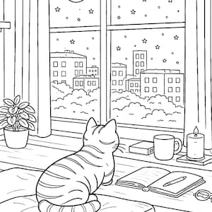 cozy cat window coloring page, cat looking at night sky coloring, moon and stars coloring page, cozy night indoor scene, aesthetic home coloring page, relaxing adult coloring page, cozy window view illustration, city night skyline coloring, cat lover coloring page, stress relief coloring page, mindfulness coloring book page, cozy lifestyle illustration, bedtime calm scene coloring, printable coloring page PDF, relaxing cozy home coloring, hygge night routine coloring page