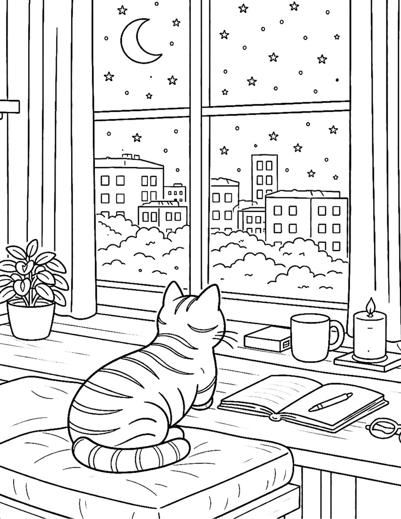 cozy cat window coloring page, cat looking at night sky coloring, moon and stars coloring page, cozy night indoor scene, aesthetic home coloring page, relaxing adult coloring page, cozy window view illustration, city night skyline coloring, cat lover coloring page, stress relief coloring page, mindfulness coloring book page, cozy lifestyle illustration, bedtime calm scene coloring, printable coloring page PDF, relaxing cozy home coloring, hygge night routine coloring page