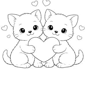 Kids coloring book page featuring two adorable kittens holding a heart with small hearts around them, drawn in clean black and white line art. Simple and easy coloring page for kids ages 4–9. Cute animal theme encourages creativity, relaxation, and fine motor skills. Perfect for home activities, school use, or quiet time. Printable digital download in US Letter size, fun and engaging coloring experience for young children.