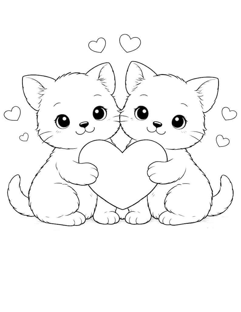 Kids coloring book page featuring two adorable kittens holding a heart with small hearts around them, drawn in clean black and white line art. Simple and easy coloring page for kids ages 4–9. Cute animal theme encourages creativity, relaxation, and fine motor skills. Perfect for home activities, school use, or quiet time. Printable digital download in US Letter size, fun and engaging coloring experience for young children.