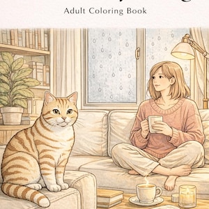 cozy cat coloring book cover, cat and cozy living coloring book, adult coloring book printable, cozy lifestyle coloring pages, relaxing home scene with cat, aesthetic cozy interior coloring, stress relief coloring book, mindfulness coloring pages, hygge home illustration, cat lover gift coloring book, cozy rainy day scene, printable coloring book PDF, digital download coloring pages, 30 coloring pages US Letter, relaxing cozy cat life coloring book