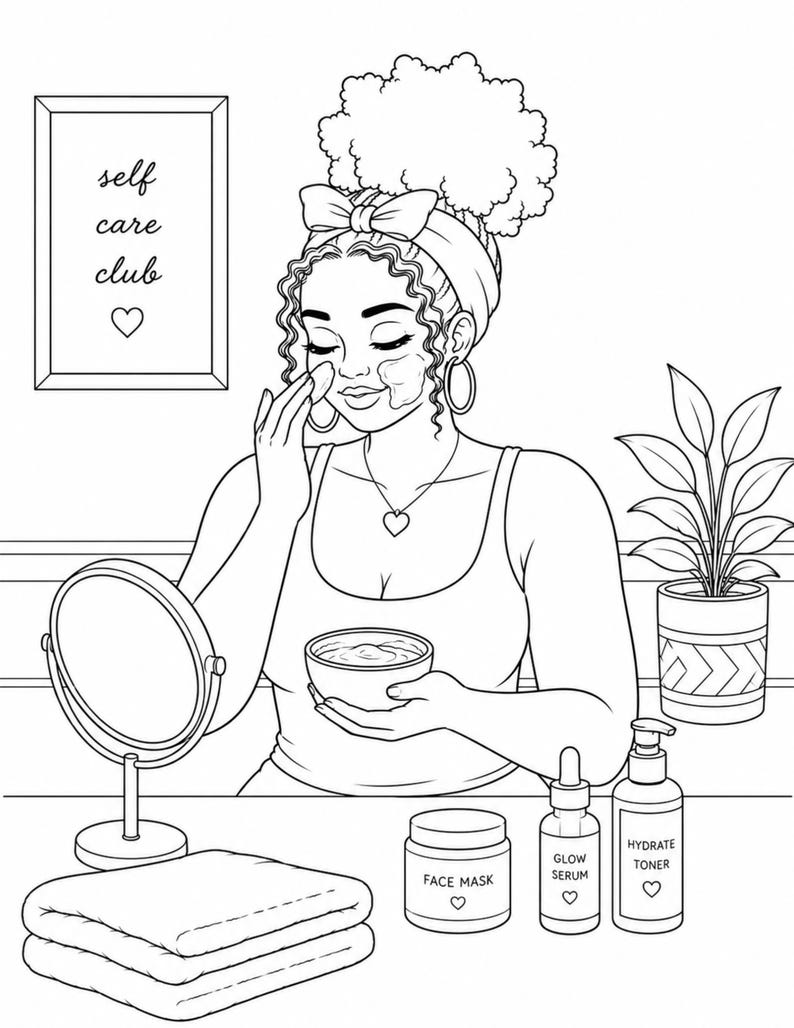 Cozy Black Girl Life coloring book with 35 detailed pages designed for adults who love self care beauty routines and relaxing moments. Includes 2 PDF files US Letter size easy to print at home. Features skincare scenes glow rituals cozy home vibes and confident lifestyle illustrations. Perfect for stress relief mindfulness and creative relaxation. Instant download after purchase thank you for your support please leave a review 💛