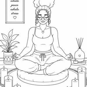 Meditation self care coloring page featuring calm mindfulness yoga relaxation and cozy home vibes. Part of a 35 page adult coloring book designed for stress relief focus and inner peace. Includes 2 PDF files US Letter size easy to print at home. Perfect for quiet moments slow living and daily reset routines. Instant download after purchase thank you for your support please leave a review 💛