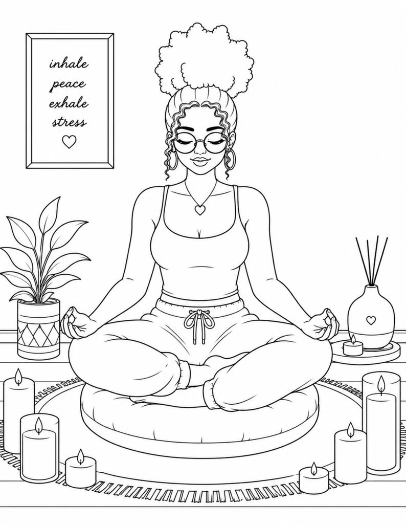 Meditation self care coloring page featuring calm mindfulness yoga relaxation and cozy home vibes. Part of a 35 page adult coloring book designed for stress relief focus and inner peace. Includes 2 PDF files US Letter size easy to print at home. Perfect for quiet moments slow living and daily reset routines. Instant download after purchase thank you for your support please leave a review 💛
