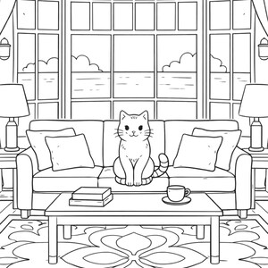 cozy cat living room coloring page for adults aesthetic interior coloring page cute cat on sofa relaxing home scene printable coloring book page detailed cozy room with window view stress relief coloring page mindfulness coloring printable pdf cozy lifestyle coloring book cat lover gift instant download coloring page premium line art relaxing hobby cozy home decor coloring page black and white adult coloring sheet
