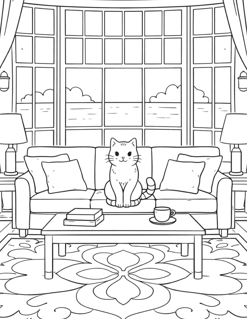 cozy cat living room coloring page for adults aesthetic interior coloring page cute cat on sofa relaxing home scene printable coloring book page detailed cozy room with window view stress relief coloring page mindfulness coloring printable pdf cozy lifestyle coloring book cat lover gift instant download coloring page premium line art relaxing hobby cozy home decor coloring page black and white adult coloring sheet