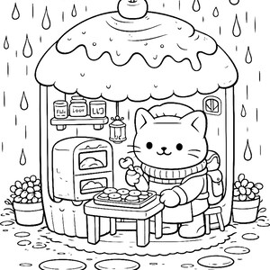 rainy day cozy cat bakery coloring page cute cat baking cookies in tiny house miniature world adult coloring book printable cozy aesthetic hygge coloring page relaxing stress relief coloring detailed line art instant download cat lover gift kawaii cat illustration black and white coloring page clean line art cozy kitchen scene rainy weather coloring page printable coloring sheet for adults and teens mindfulness coloring activity```