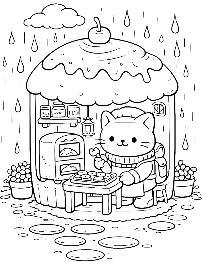 rainy day cozy cat bakery coloring page cute cat baking cookies in tiny house miniature world adult coloring book printable cozy aesthetic hygge coloring page relaxing stress relief coloring detailed line art instant download cat lover gift kawaii cat illustration black and white coloring page clean line art cozy kitchen scene rainy weather coloring page printable coloring sheet for adults and teens mindfulness coloring activity```