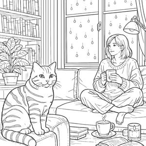 cozy rainy day coloring page, girl drinking tea on sofa coloring, cozy living room coloring book, cat sitting on couch coloring page, relaxing home scene illustration, rainy window coloring page, aesthetic cozy interior coloring, adult coloring page stress relief, mindfulness coloring book page, cozy lifestyle illustration, hygge home coloring page, calm evening routine coloring, cat lover coloring page, printable coloring page PDF, cozy cat life coloring page, relaxing indoor coloring scene