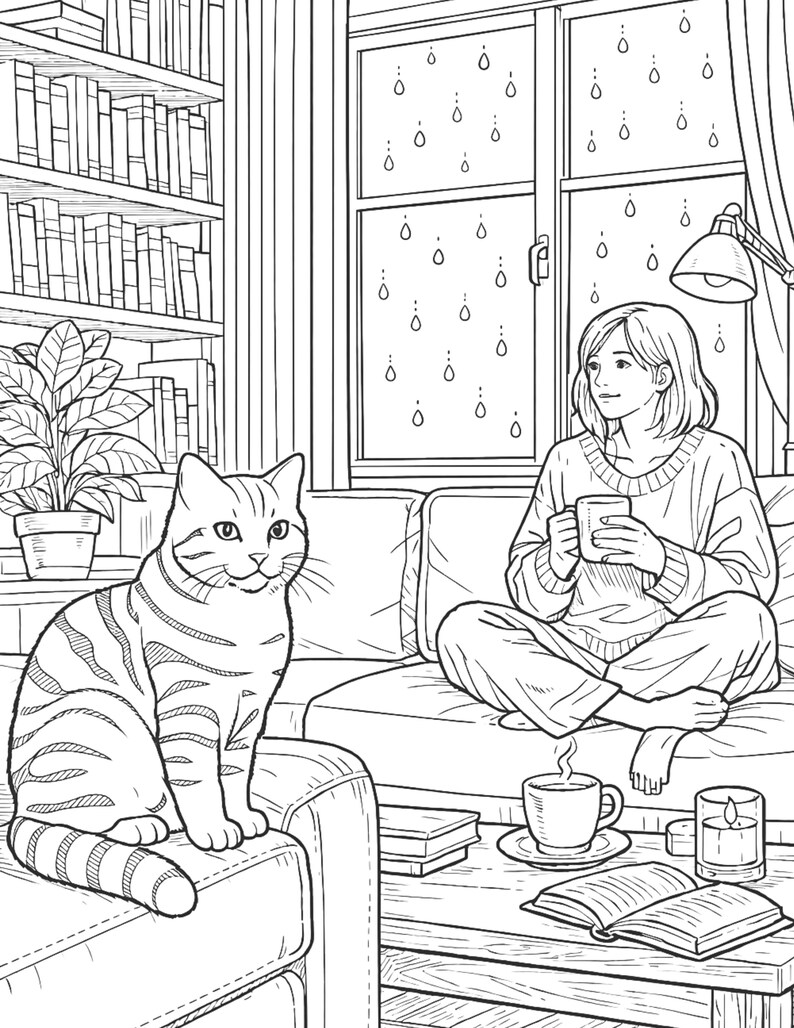 cozy rainy day coloring page, girl drinking tea on sofa coloring, cozy living room coloring book, cat sitting on couch coloring page, relaxing home scene illustration, rainy window coloring page, aesthetic cozy interior coloring, adult coloring page stress relief, mindfulness coloring book page, cozy lifestyle illustration, hygge home coloring page, calm evening routine coloring, cat lover coloring page, printable coloring page PDF, cozy cat life coloring page, relaxing indoor coloring scene