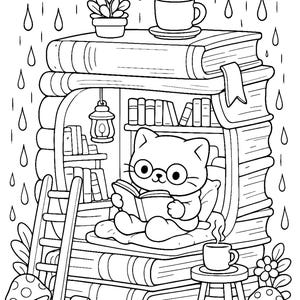 cozy rainy day cat coloring page book house reading scene cute cat reading inside books miniature world adult coloring book printable cozy aesthetic hygge coloring page relaxing stress relief coloring detailed line art instant download cat lover gift rainy day activity black and white coloring page clean line art cozy reading nook kawaii cat illustration printable coloring sheet mindfulness coloring for adults and teens```