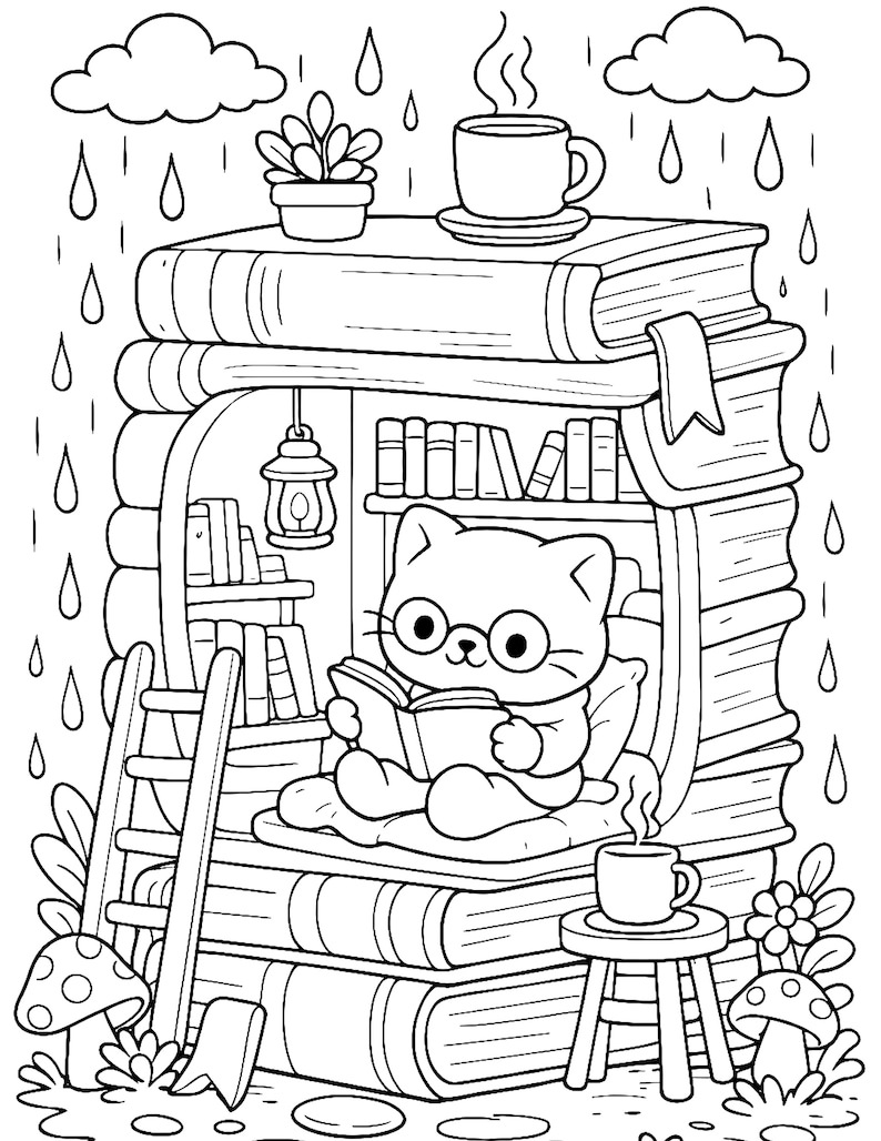 cozy rainy day cat coloring page book house reading scene cute cat reading inside books miniature world adult coloring book printable cozy aesthetic hygge coloring page relaxing stress relief coloring detailed line art instant download cat lover gift rainy day activity black and white coloring page clean line art cozy reading nook kawaii cat illustration printable coloring sheet mindfulness coloring for adults and teens```