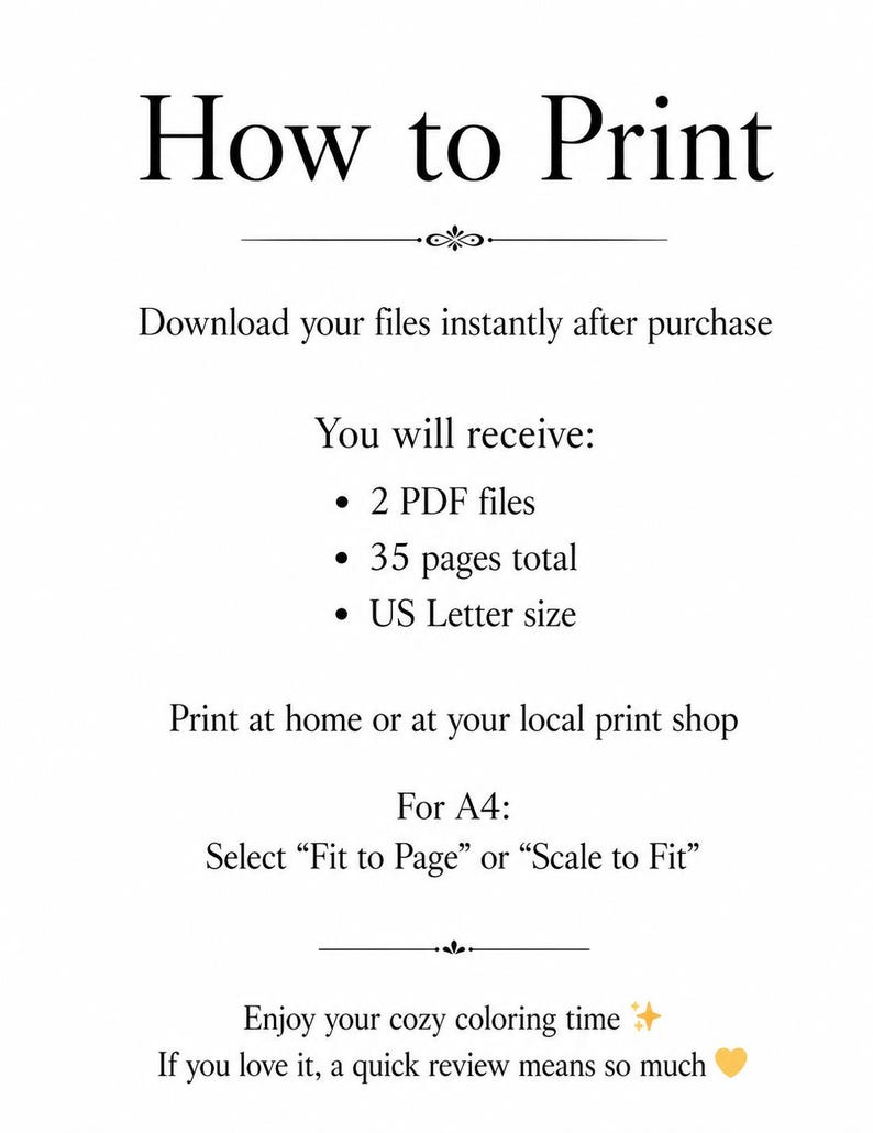 Printable coloring book guide page with simple instructions for instant download files US Letter format and easy home printing. Includes 2 PDF files with 35 pages designed for stress relief creativity and relaxing cozy moments. Perfect for beginners and experienced colorists looking for clean printable designs. Print at home or shop using fit to page option. Thank you for your support please leave a review 💛