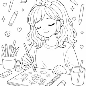 Kids coloring book page featuring a girl painting flowers at a desk with art supplies like brushes, pencils, paint bottles, and sketchbook, surrounded by hearts and sparkles. Clean black and white line art, simple and easy for kids ages 4–9. Creative activity theme supports imagination, focus, and fine motor skills. Perfect for home, school, or quiet time. Printable digital download in US Letter size, fun and engaging coloring experience.