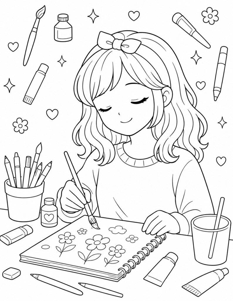 Kids coloring book page featuring a girl painting flowers at a desk with art supplies like brushes, pencils, paint bottles, and sketchbook, surrounded by hearts and sparkles. Clean black and white line art, simple and easy for kids ages 4–9. Creative activity theme supports imagination, focus, and fine motor skills. Perfect for home, school, or quiet time. Printable digital download in US Letter size, fun and engaging coloring experience.