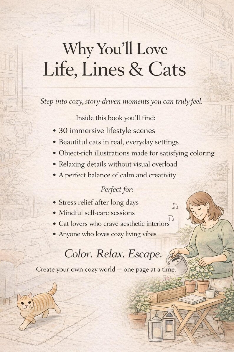 cozy cat coloring book cover, why you’ll love life lines and cats, adult coloring book printable, cozy lifestyle coloring book, cat lover coloring book, aesthetic cozy home scenes, relaxing coloring pages for adults, stress relief coloring book, mindfulness coloring pages, cozy interior illustrations, hygge lifestyle coloring book, digital download coloring book, 30 coloring pages, cozy cat life coloring book, relaxing creative hobby gift