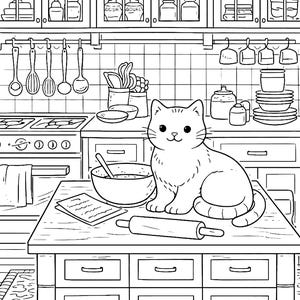 cozy cat kitchen coloring page for adults detailed cat baking scene printable coloring book page cute cat in kitchen aesthetic home interior coloring page relaxing adult coloring printable pdf cozy lifestyle coloring page stress relief coloring book cat lover gift instant download printable coloring page detailed line art kitchen scene cozy home decor coloring page mindfulness coloring relaxing hobby printable art black and white coloring page