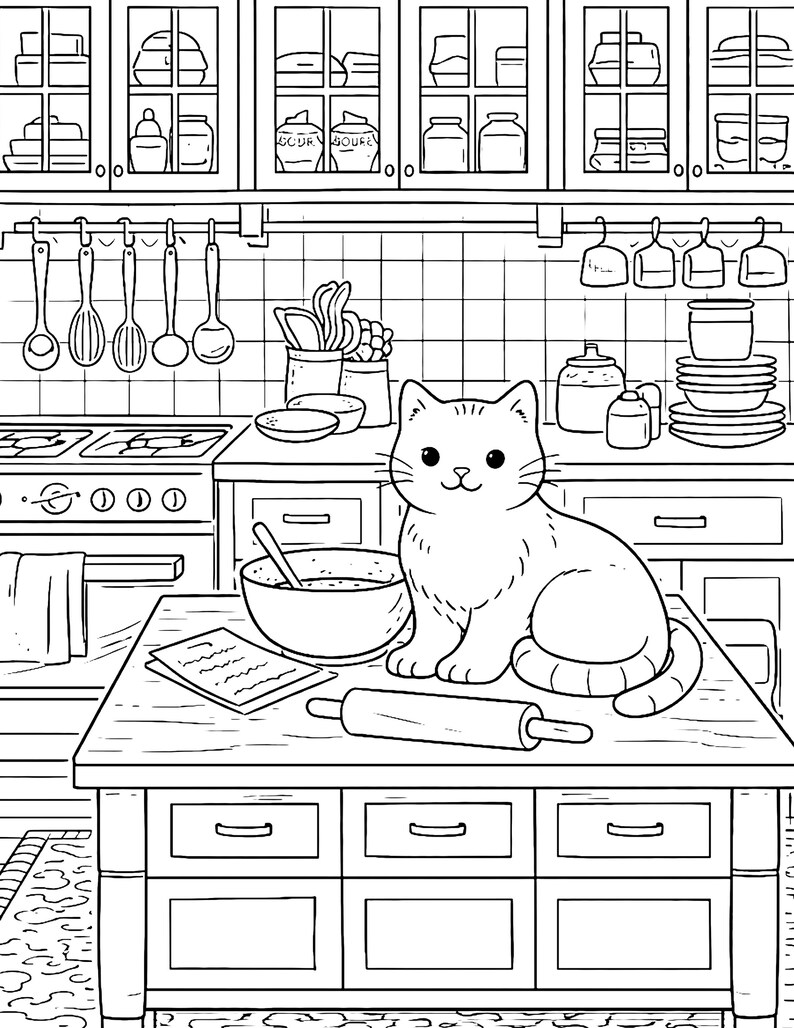 cozy cat kitchen coloring page for adults detailed cat baking scene printable coloring book page cute cat in kitchen aesthetic home interior coloring page relaxing adult coloring printable pdf cozy lifestyle coloring page stress relief coloring book cat lover gift instant download printable coloring page detailed line art kitchen scene cozy home decor coloring page mindfulness coloring relaxing hobby printable art black and white coloring page