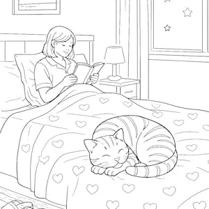 cozy cat coloring page, girl reading in bed coloring page, cozy bedroom coloring book, cute cat sleeping illustration, relaxing adult coloring page, cozy night scene, bedtime reading coloring page, cat lover gift printable, aesthetic cozy home coloring, stress relief coloring page, mindfulness coloring book page, cute kitten sleeping drawing, hygge lifestyle coloring page, printable coloring page PDF, cozy interior line art, relaxing home scene coloring