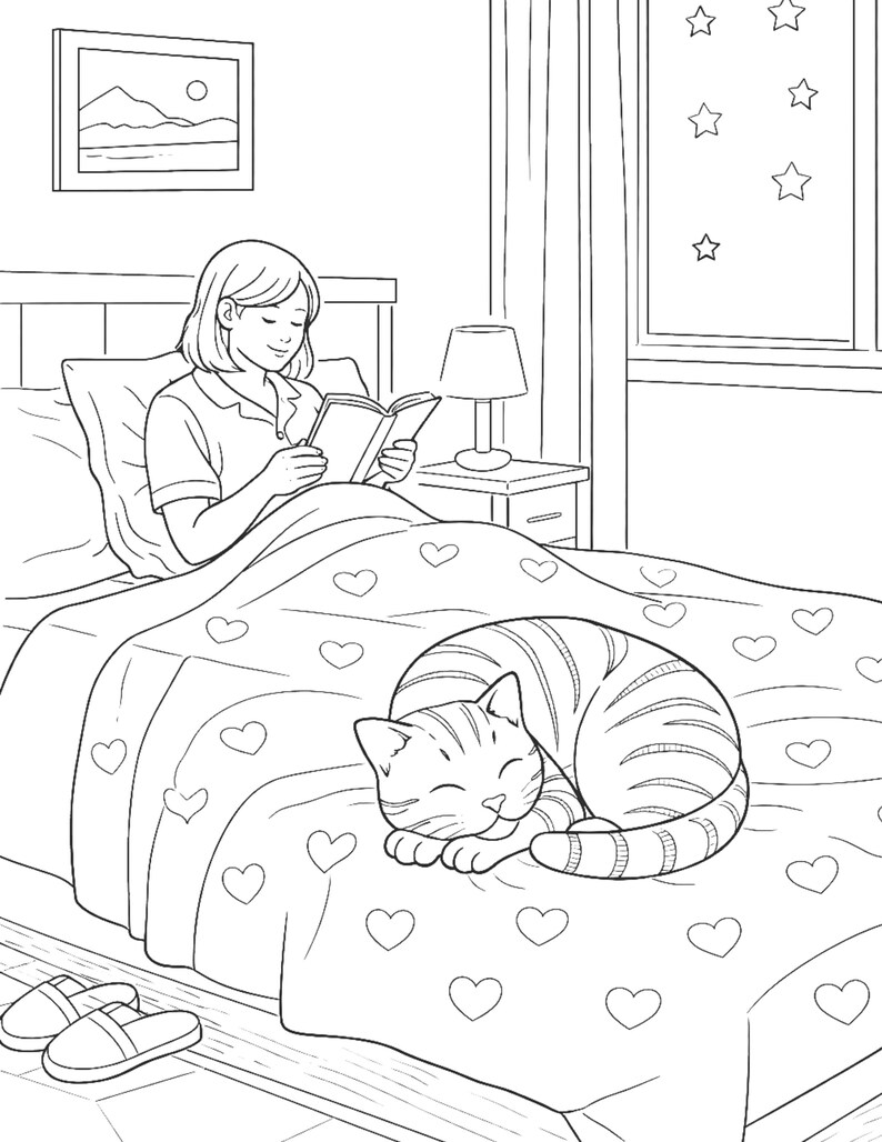 cozy cat coloring page, girl reading in bed coloring page, cozy bedroom coloring book, cute cat sleeping illustration, relaxing adult coloring page, cozy night scene, bedtime reading coloring page, cat lover gift printable, aesthetic cozy home coloring, stress relief coloring page, mindfulness coloring book page, cute kitten sleeping drawing, hygge lifestyle coloring page, printable coloring page PDF, cozy interior line art, relaxing home scene coloring