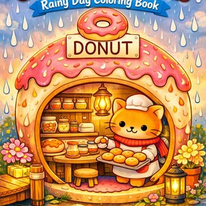 cozy cat mini worlds rainy day coloring book cover donut bakery house cute cat baking scene adult coloring book printable cozy aesthetic hygge coloring pages detailed illustration stress relief coloring instant download 30 pages coloring book tiny house theme cat lover gift relaxing creative hobby vibrant cozy illustration printable pdf coloring book for adults and teens