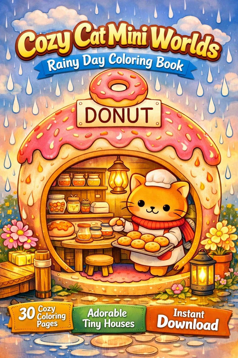 cozy cat mini worlds rainy day coloring book cover donut bakery house cute cat baking scene adult coloring book printable cozy aesthetic hygge coloring pages detailed illustration stress relief coloring instant download 30 pages coloring book tiny house theme cat lover gift relaxing creative hobby vibrant cozy illustration printable pdf coloring book for adults and teens