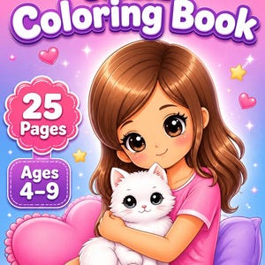 Kids Coloring Book cover featuring a girl holding a kitten with bright colorful background, stars and hearts. Includes 25 pages for ages 4–9. Fun and easy printable coloring book for kids, designed to boost creativity, focus, and relaxation. Perfect for home activities, school time, or quiet play. Instant download digital coloring book in US Letter size, ideal for young children who love animals and creative fun.