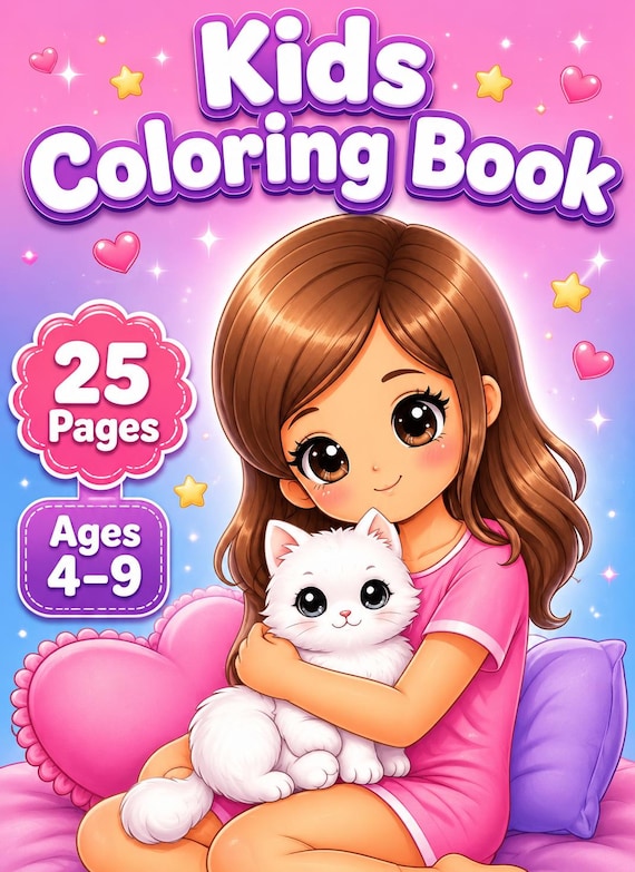 Kids Coloring Book 25 Pages Ages 4-9 Easy Printable