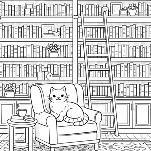 cozy cat library coloring page for adults detailed bookshelf coloring page cute cat in armchair reading room scene printable coloring book page aesthetic library interior coloring page relaxing adult coloring printable pdf cozy reading nook coloring page stress relief mindfulness coloring cat lover gift instant download coloring page premium line art home library scene black and white coloring sheet cozy aesthetic coloring page