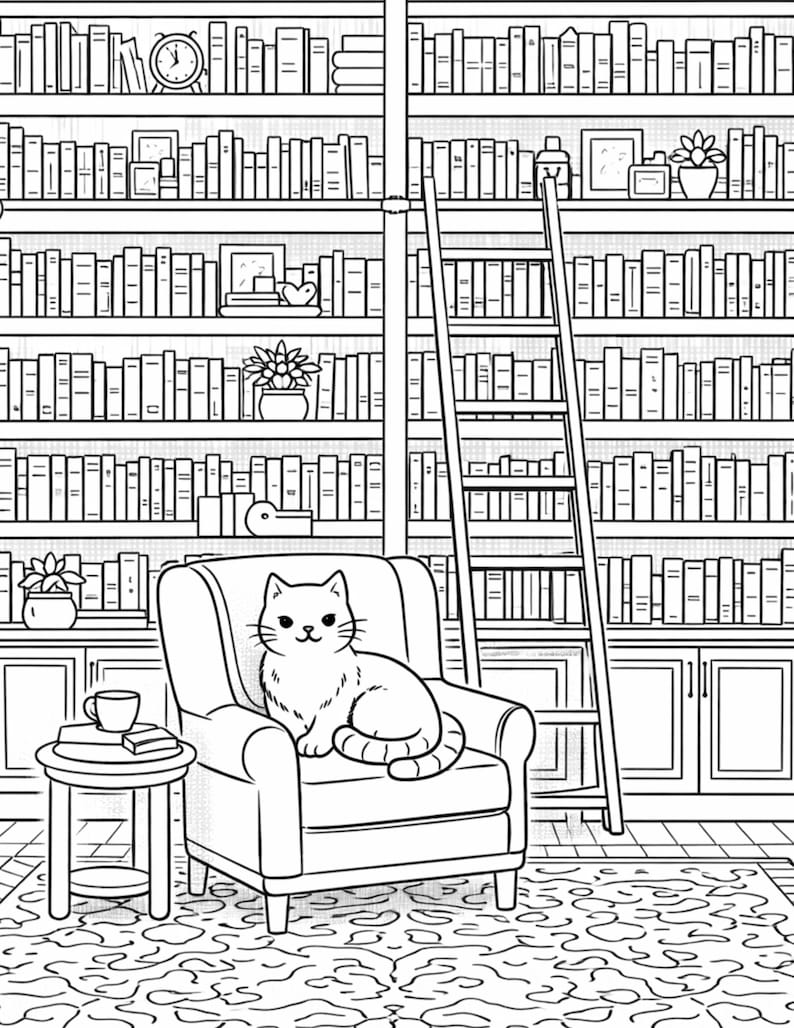 cozy cat library coloring page for adults detailed bookshelf coloring page cute cat in armchair reading room scene printable coloring book page aesthetic library interior coloring page relaxing adult coloring printable pdf cozy reading nook coloring page stress relief mindfulness coloring cat lover gift instant download coloring page premium line art home library scene black and white coloring sheet cozy aesthetic coloring page